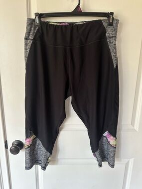 RBX 2x Black Crop Leggings with Gray Panels & Pink Floral Accents